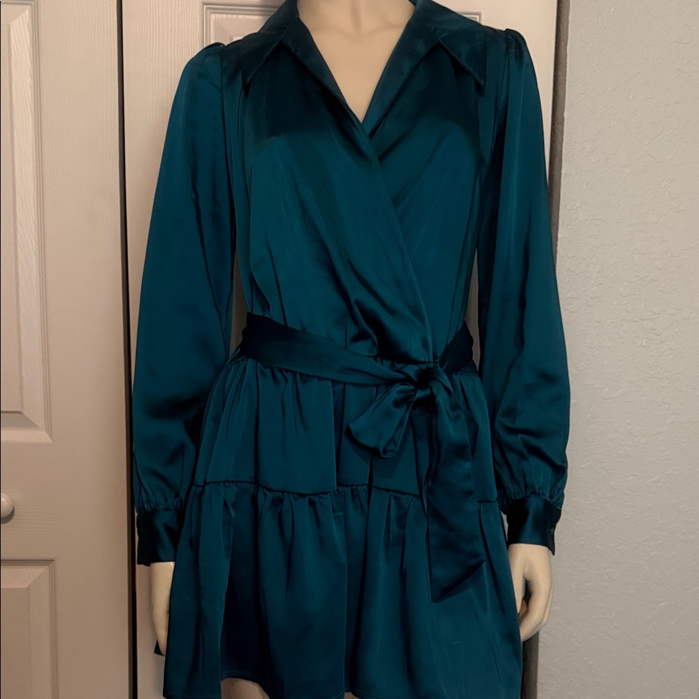 Chic Teal Long Sleeve Wrap Dress